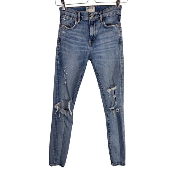Agolde Sophie Distressed High Rise Cropped Skinny Denim Jeans Blue Size 24 - Picture 1 of 7